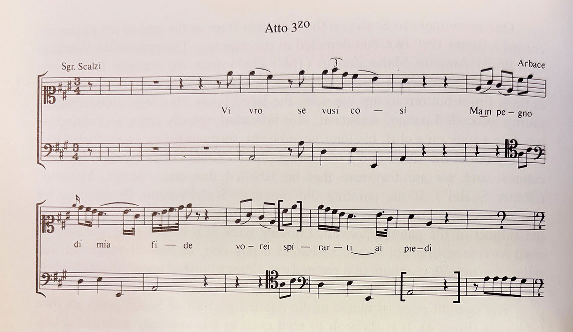 Rekonstruktion von Text und Musik auf dem Notenblatt des Scalzi-Gemäldes in Hartford durch Daniel Heartz 