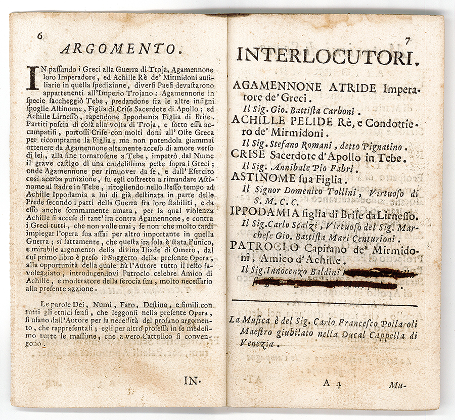 historischer Libretto-Druck von "Astinome" von Francesco Pollarolo