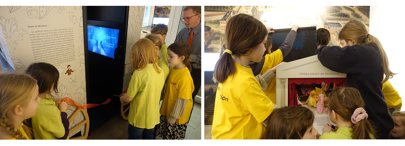 Zwei Bilder mit Kindern in gelben T-Shirts, die in der Ausstellung einen Film schauen (Bild 1) und mit einem kleinen Puppentheater spielen (Bild 2)