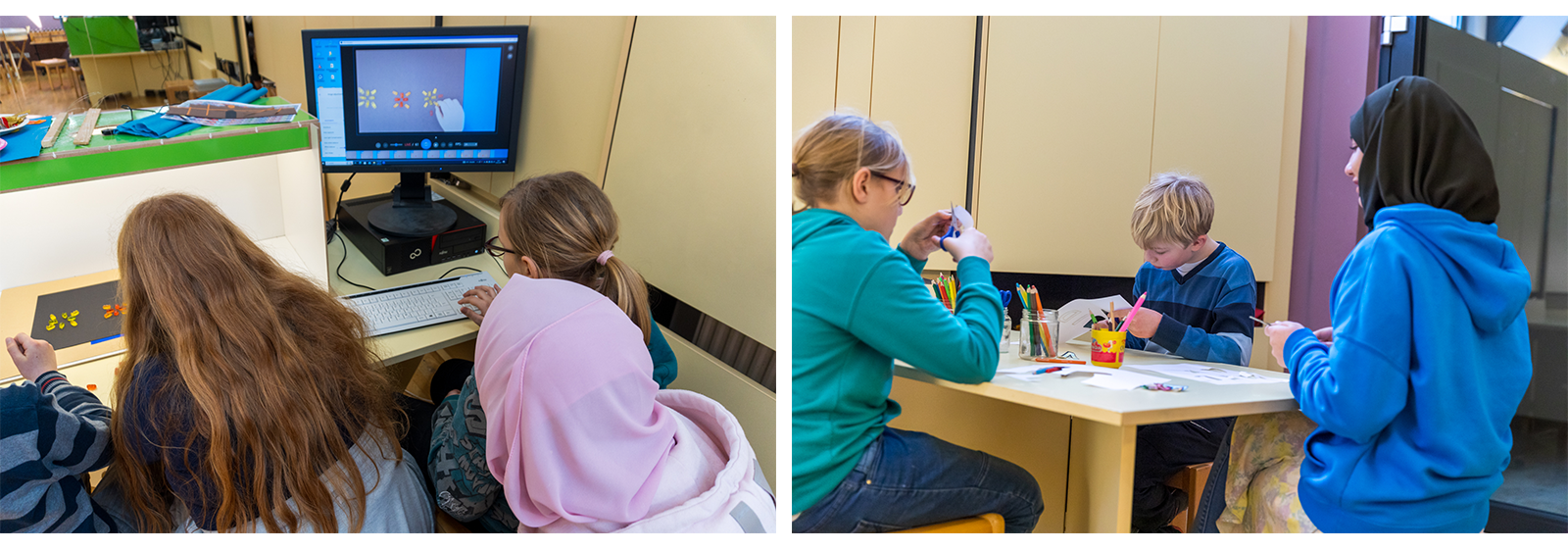 zwei Bilder, auf denen Kinder in Rückenansicht zu sehen sind, die an einem Tisch sitzen und mit einem Computer und Bastelmaterial arbeiten