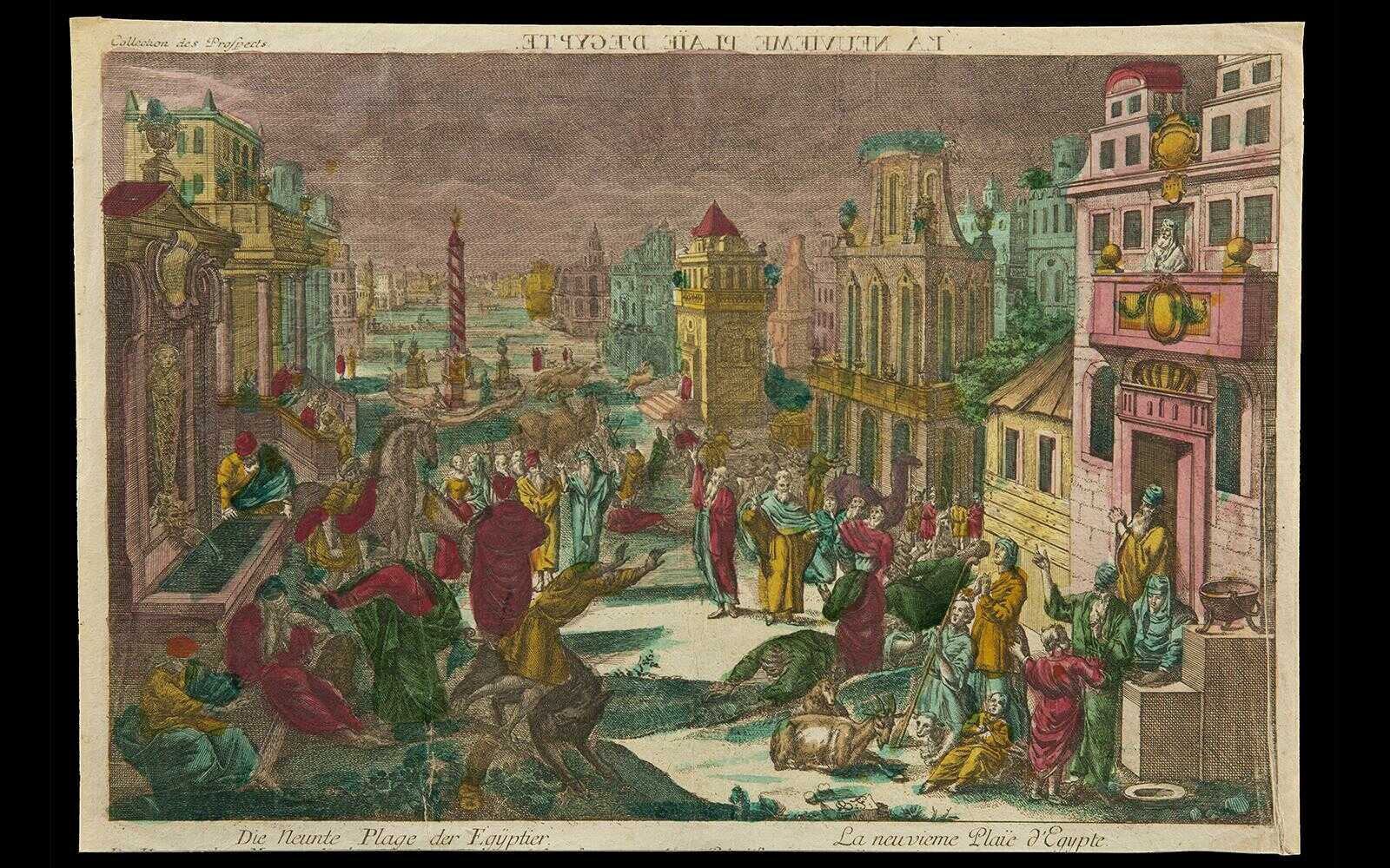 „Die neunte Plage der Ägypter“, kolorierte Kupferstiche, Augsburg 1775–1779 (Stiftung Händel-Haus, BS-VIII 78 und 80)
