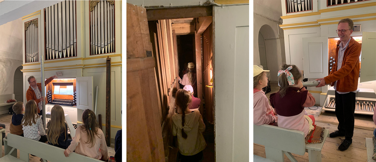 Händel junior unterwegs - Orgel in Reideburg eine Collage aus drei Bildern, auf denen Kinder eine Orgel anschauen