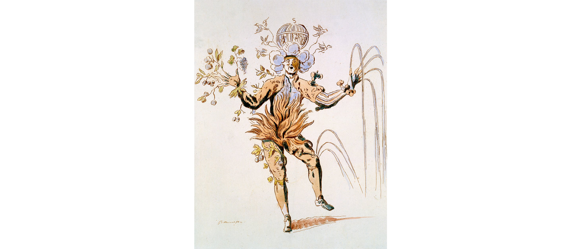 historische Zeichnung, die eine tanzende Figur aus Blüten und Blumen zeigt