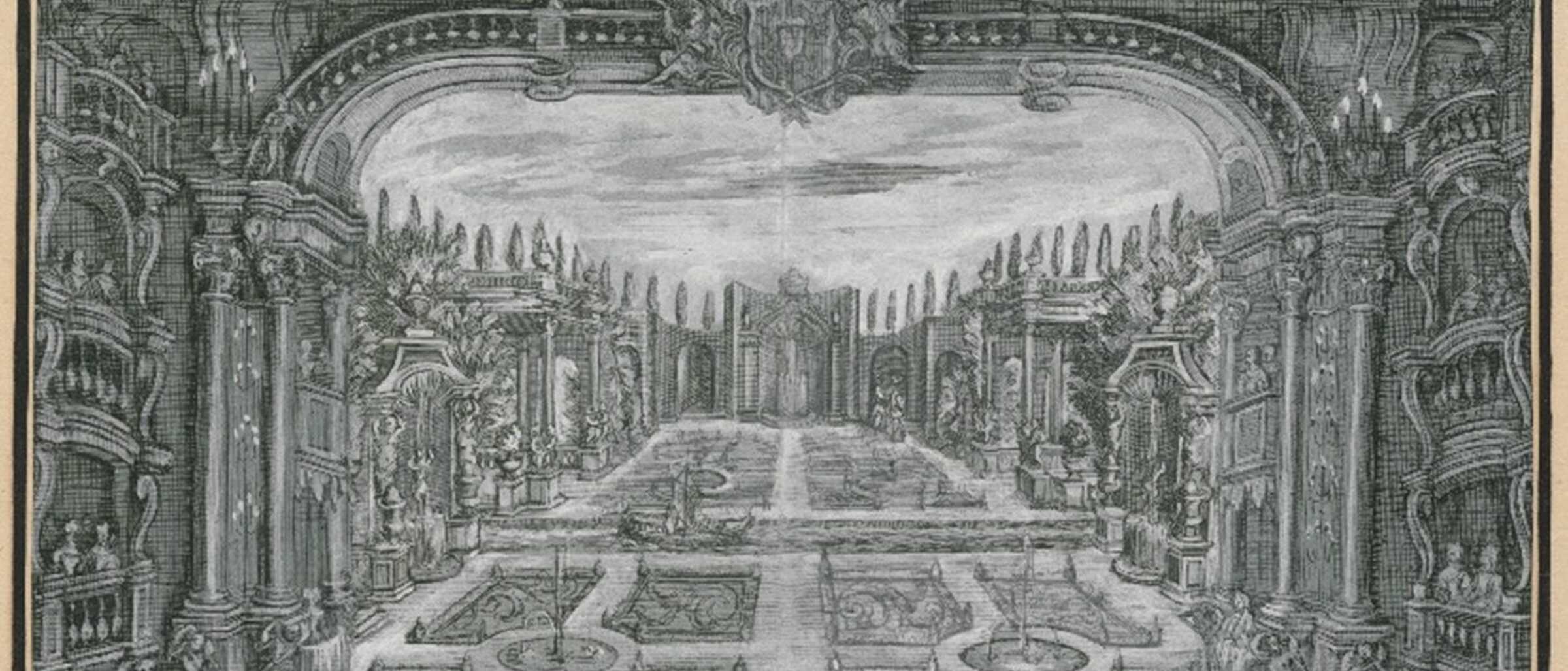 Vorschaubild für die Veranstaltung "Auf ein Glas Wein mit Dr. Helena Langewitz" historischer Stich eines Bühnenbildentwurfs zu einer Oper