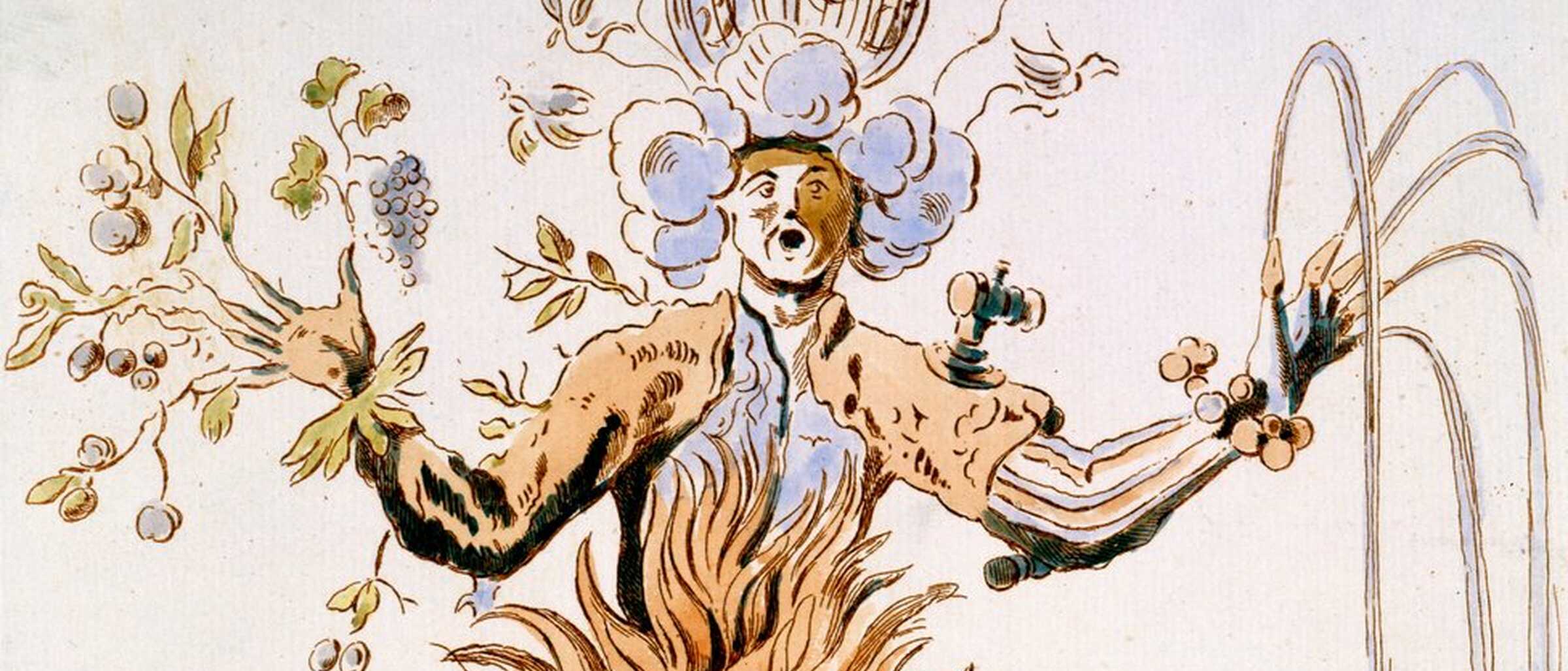 Vorschaubild für die Veranstaltung "Auf ein Glas Wein mit Uta Jäger" historische Zeichnung, die eine tanzende Figur aus Blüten und Blumen zeigt