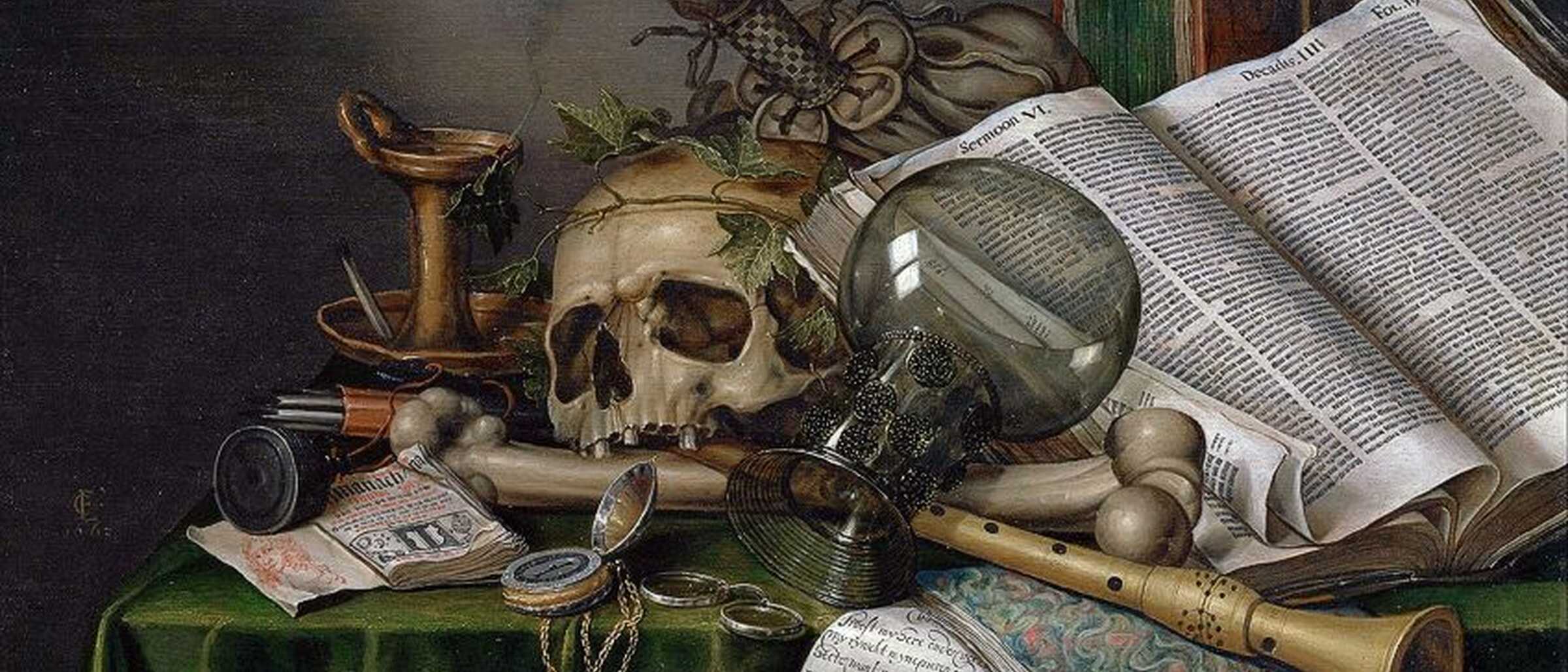 Vanitas – Stillleben mit Büchern und Manuskripten und einem Totenkopf (Edwaert Collier, 1663)